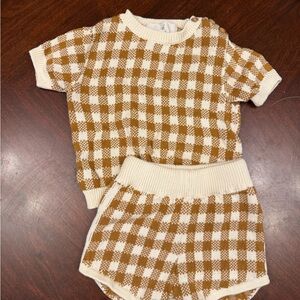 Kids Gingham Knit Matching Set in Cream and Tan